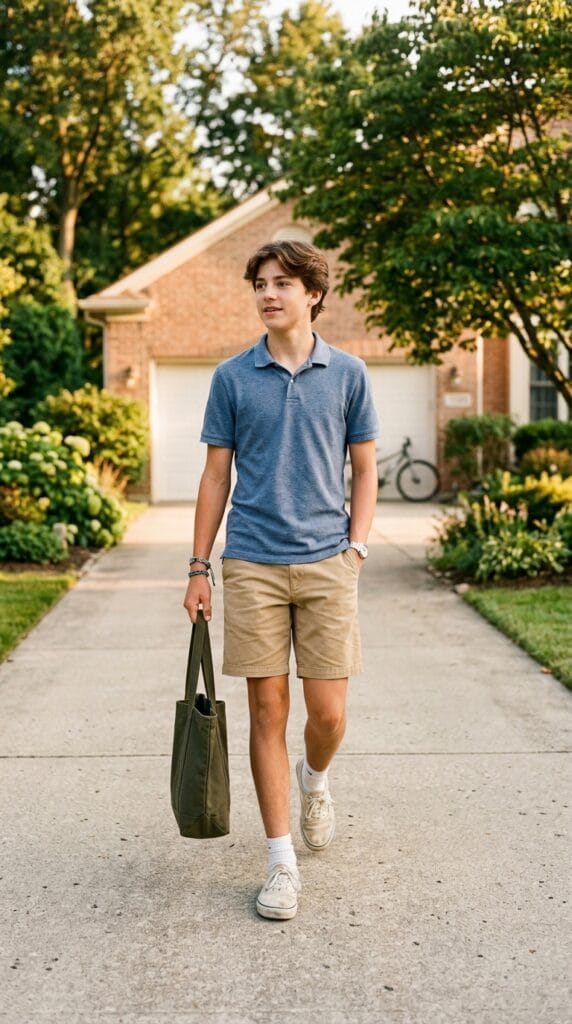 11 Teen Boy Summer Outfits That Are Cool, Casual, and Easy to Wear 4 Teen boy wearing fitted polo shirt with flat-front chino shorts in a casual summer outdoor setting.