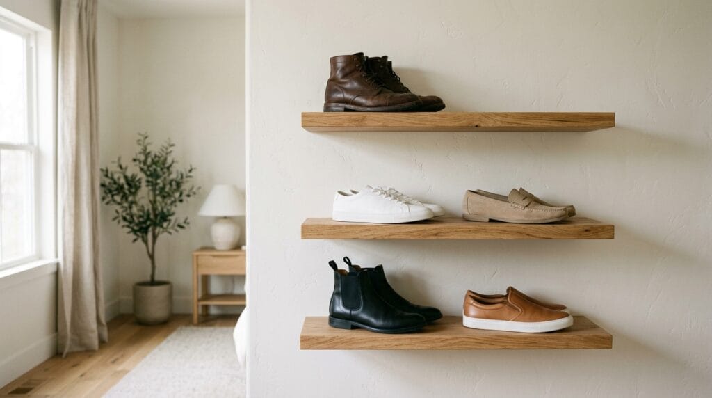15 Shoe Storage Ideas for Small Spaces (Every Room) 4 Floating wooden wall shelves holding neatly arranged pairs of shoes in a bedroom