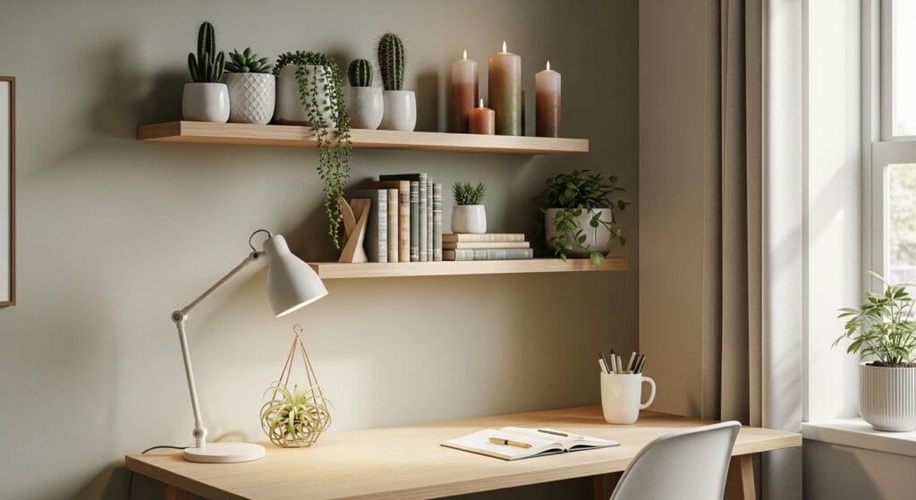 Floating wooden shelves above a bedroom desk styled with plants, candles, and small books