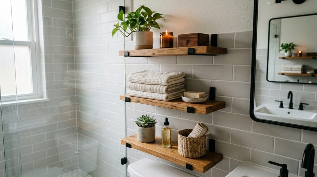 Modern Small Bathroom Ideas: Sleek, Functional and Gorgeous 4 Wood and black metal floating wall shelves styled in a small modern bathroom