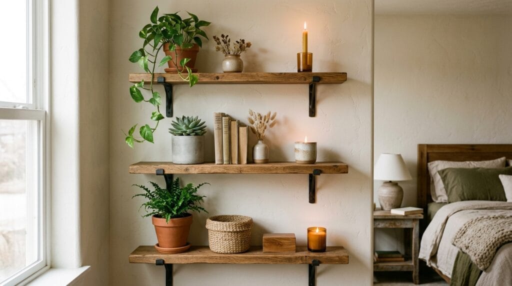 Rustic Bedroom Decor Ideas: Warm, Textured and Inviting 2 Floating wood wall shelves with metal brackets styled above a rustic bedroom dresser.