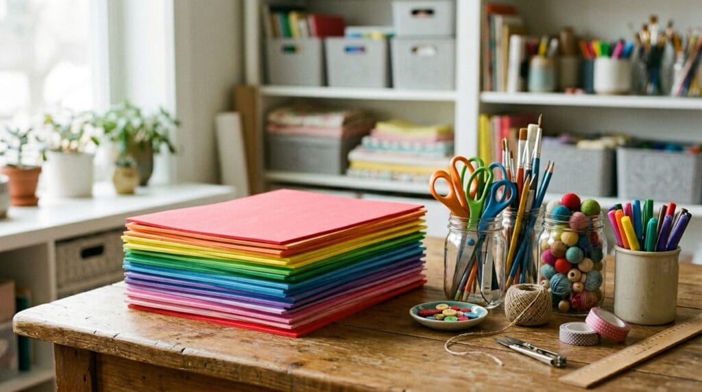 Stacked colorful foam sheets displayed beside assorted classroom crafts.