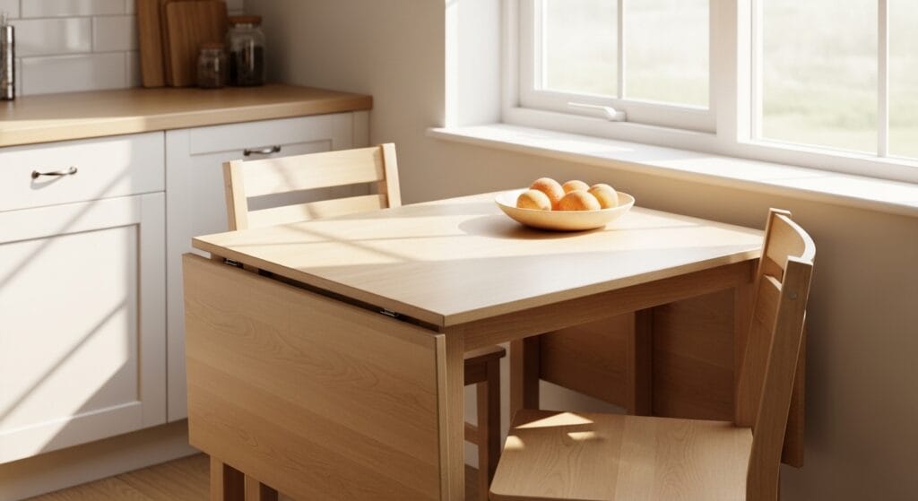 Small Kitchen Layout Ideas: The Best Configurations for Tiny Spaces 6 Light wood foldable drop-leaf dining table partially extended in a small bright kitchen space.