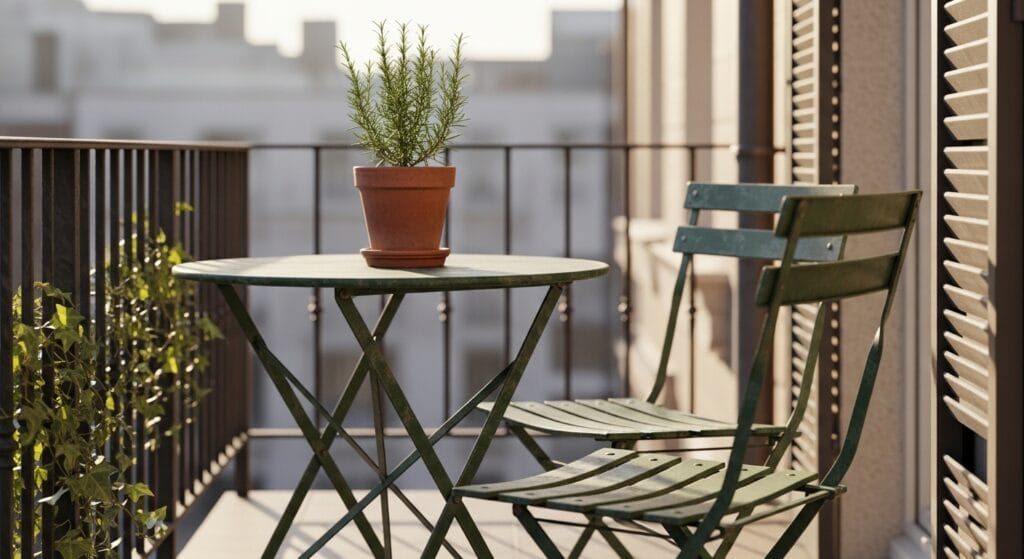 Small balcony decor ideas: make a tiny outdoor space beautiful 7 Folding bistro table and chairs set on a small balcony with a plant centerpiece.