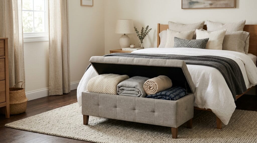 Bedroom Organization Ideas: From Dresser to Closet 14 Upholstered storage ottoman at foot of bed with open lid revealing neatly folded blankets.