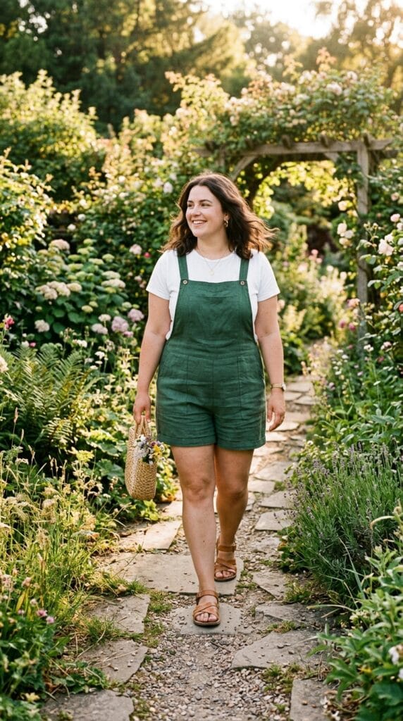 11 Plus Size Overalls Outfits for Casual Summer Days 4 Plus size woman in forest green linen bib shorts overalls with a white tee