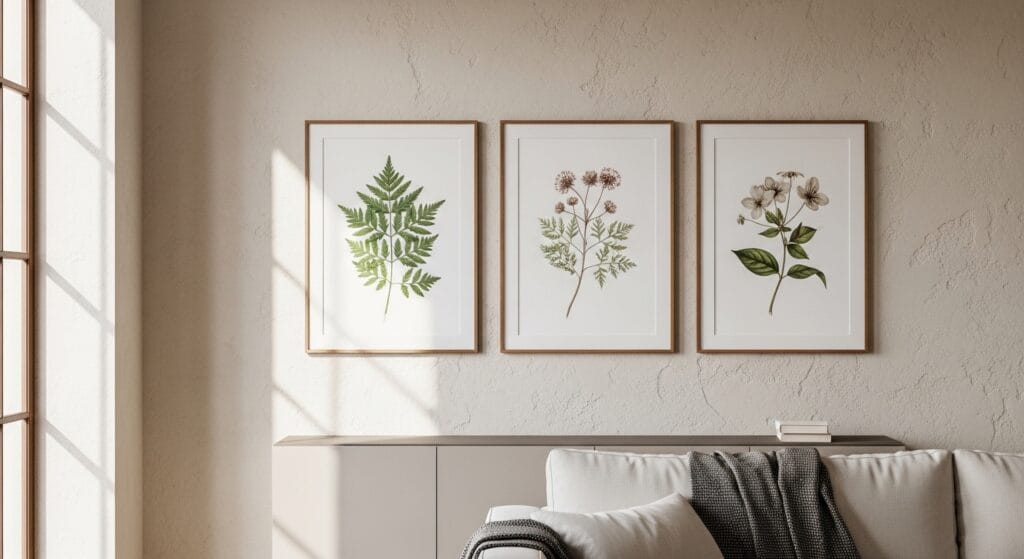 Framed botanical print trio arranged on a living room wall in soft natural light.