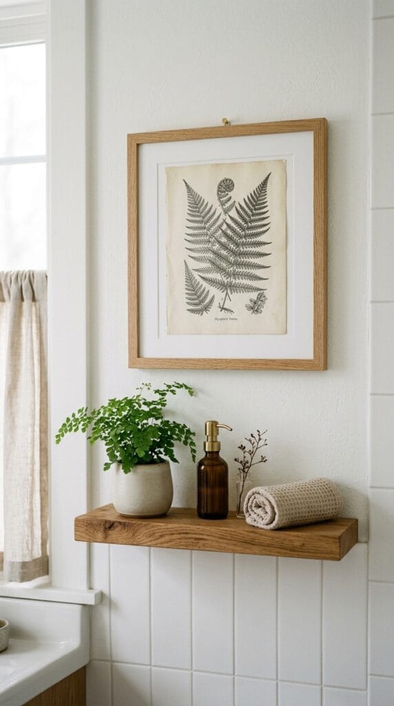 Framed botanical wall art hung on a white bathroom wall above a shelf