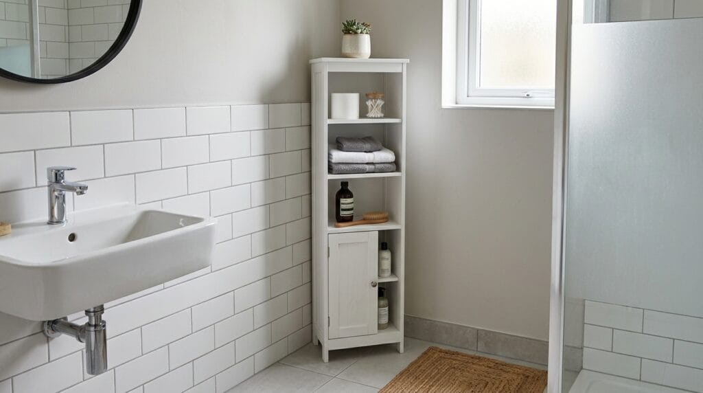Modern Small Bathroom Ideas: Sleek, Functional and Gorgeous 12 Slim white freestanding storage tower in the corner of a small modern bathroom