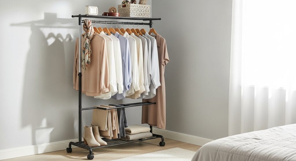The Ultimate Closet Organization Guide (Every Type, Every Size) 19 Slim rolling garment rack in a bedroom corner holding neatly arranged hanging clothing and accessories.