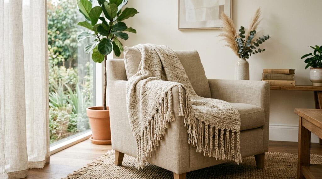 Fringed throw blanket draped casually over a simple neutral living room armchair.