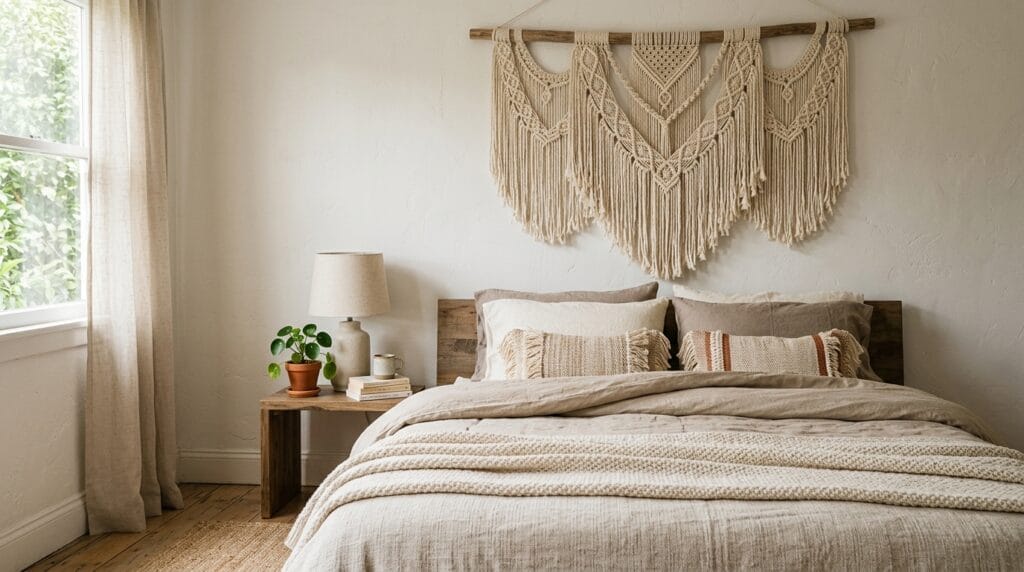 Fringed macrame wall hanging displayed above a neatly made bedroom bed frame.