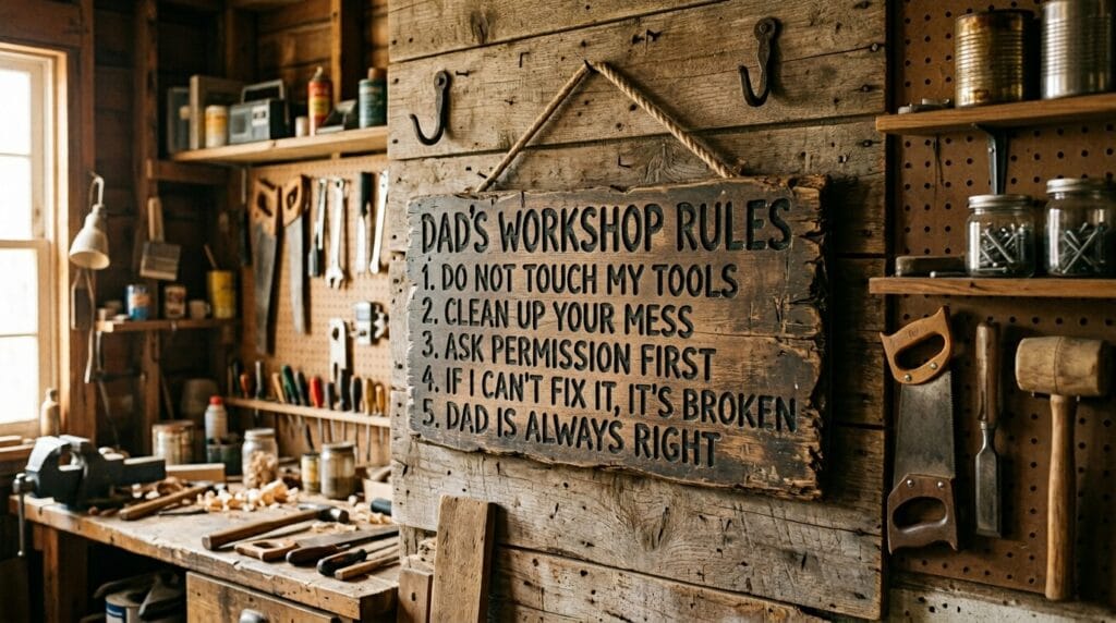 Cheap Father's Day Gift Ideas Under $25 6 A bold novelty sign with dad-themed messaging hanging on a rustic wooden workshop wall.