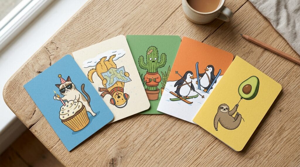Humorous greeting cards fanned out on a light wooden surface in soft natural light