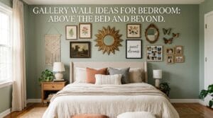 Styled bedroom gallery wall featuring layered frames mirrors and decorative wall art