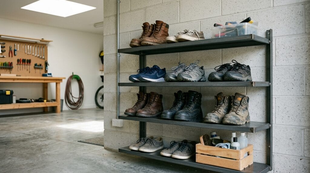 Shoe Storage and Entryway Organization: The Complete Guide 11 Wall-mounted metal garage shelving unit holding work boots and athletic shoes in clean organization.