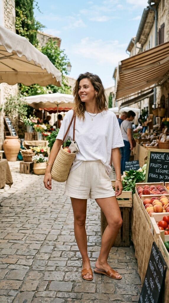Oversized white cotton tee with loose gauze cotton shorts and flat slides