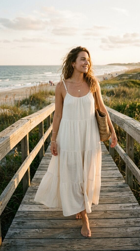 15 Cotton Summer Dresses That Keep You Cool All Day Long 2 Woman wearing a flowing tiered gauze cotton maxi dress on a sunny boardwalk.