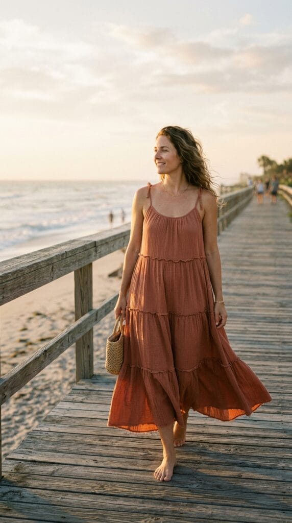 18 Summer Vacation Dresses That Pack Light & Look Amazing 2 Woman wearing tiered gauze cotton maxi dress on coastal boardwalk at golden hour