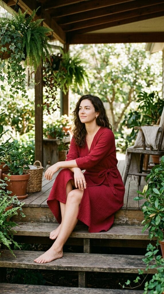 Woman in deep red gauze cotton wrap dress sitting on a shaded porch, understated world cup look.