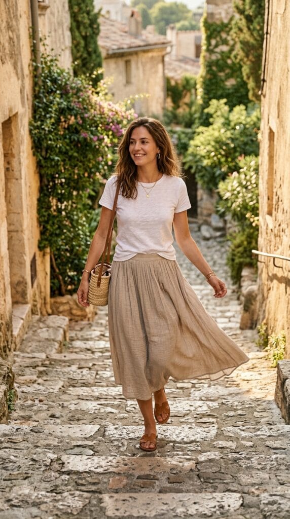 Stone gauze pleated midi skirt with front-tucked white cotton tee and sandals