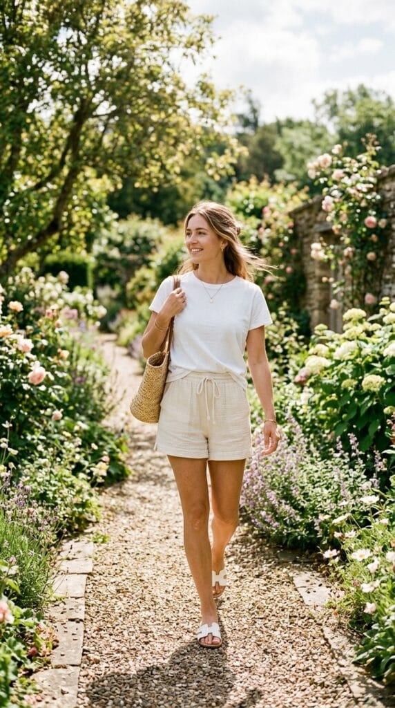 Loose gauze shorts in ecru with a half-tucked white cotton tee