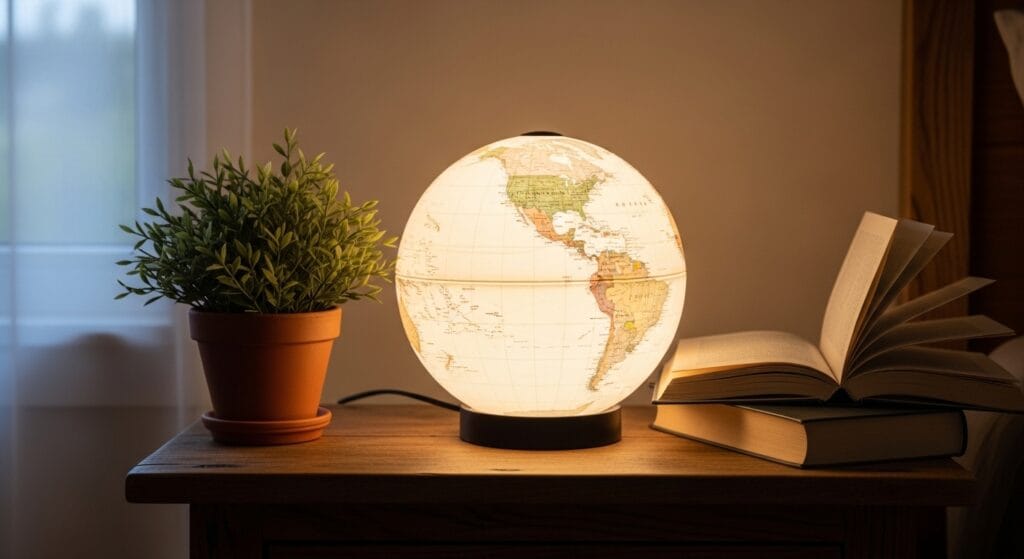 Glowing round globe table lamp on a wooden nightstand beside a plant and book