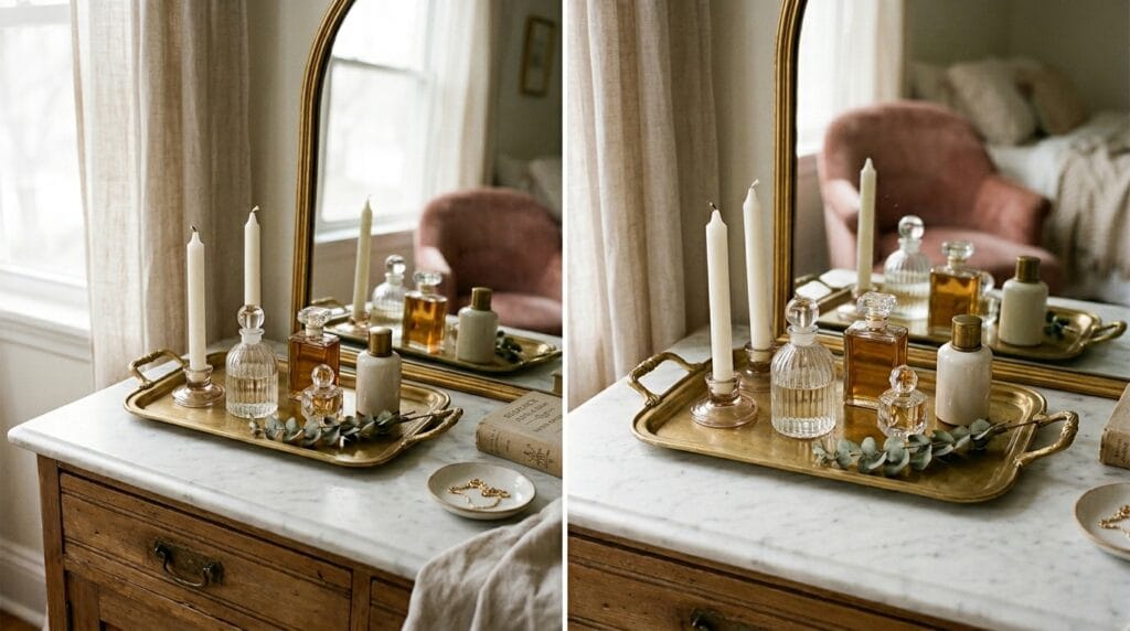 17 Chic Perfume Tray Ideas for a Luxurious Vanity Setup 6 Gold metal tray with handles styled on a vanity dresser with perfume bottles.