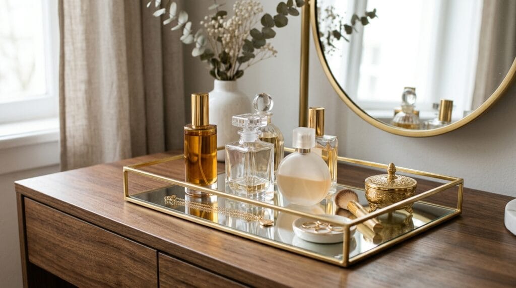 17 Chic Perfume Tray Ideas for a Luxurious Vanity Setup 3 Gold mirrored rectangular tray styled with perfume bottles on a glamorous bedroom vanity.