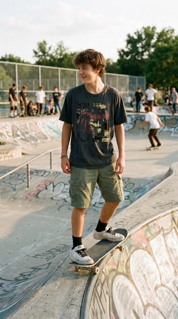 11 Teen Boy Summer Outfits That Are Cool, Casual, and Easy to Wear 3 Teen boy wearing graphic tee with cargo shorts and sneakers in a casual summer outdoor setting.