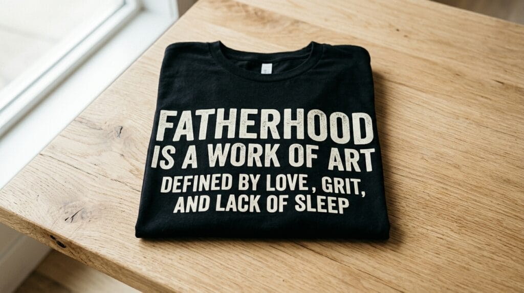 Folded black graphic t-shirt with bold fatherhood-themed text displayed on a clean wooden surface