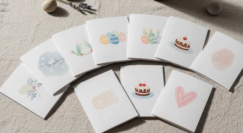 Occasion-specific greeting cards fanned out on a linen surface in soft overhead light