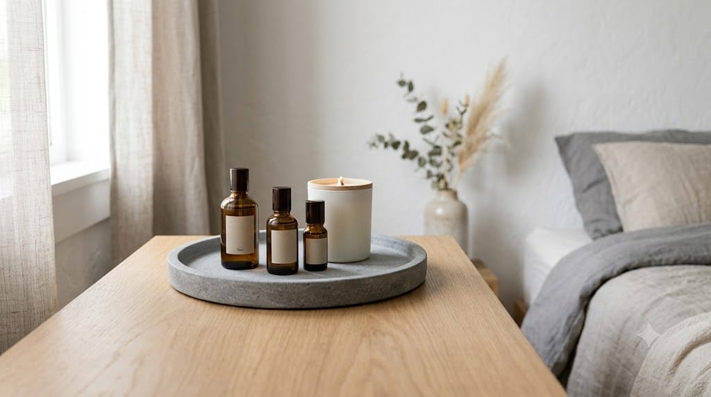 17 Chic Perfume Tray Ideas for a Luxurious Vanity Setup 17 Grey stone-look round tray with matte finish displayed on a minimalist bedroom dresser surface.