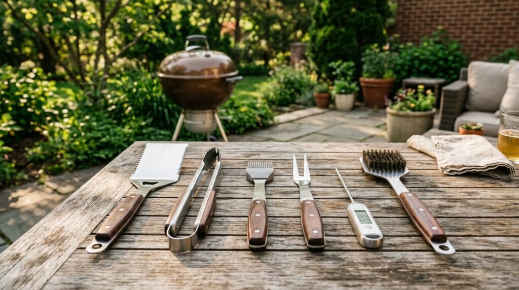 Stainless steel grilling tools arranged on a wooden outdoor table in warm backyard lighting