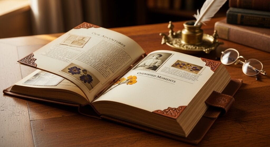 Open guided memory book resting on a wooden desk with warm natural side lighting