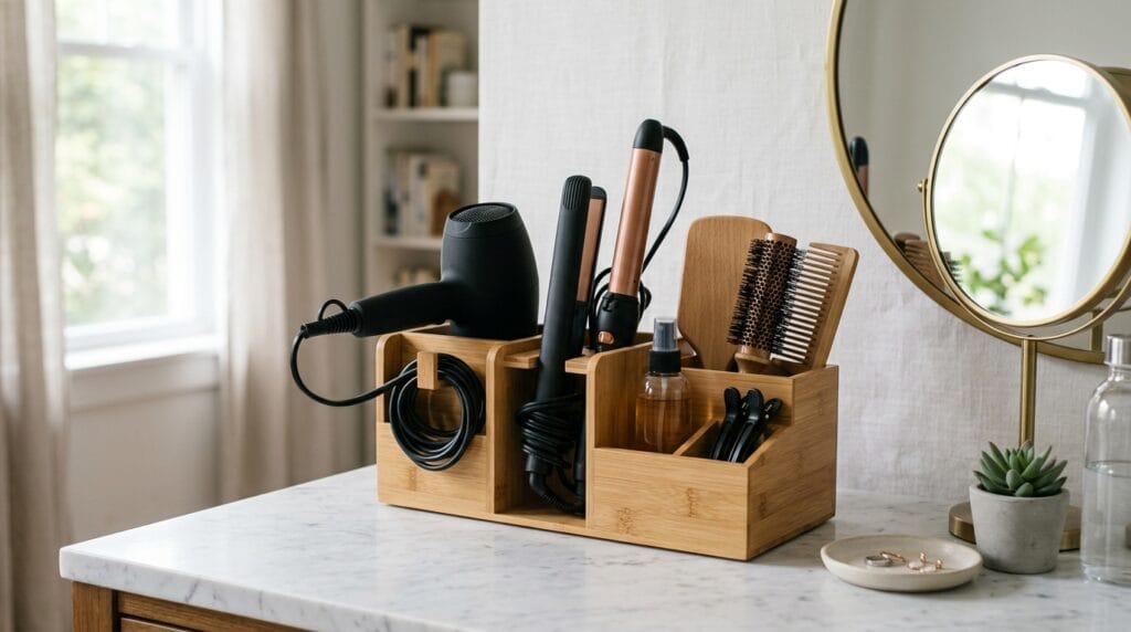 Budget Friendly Bathroom Organization: Full Reset Under $40 8 Hair tool organizer storing styling devices neatly beside bathroom vanity