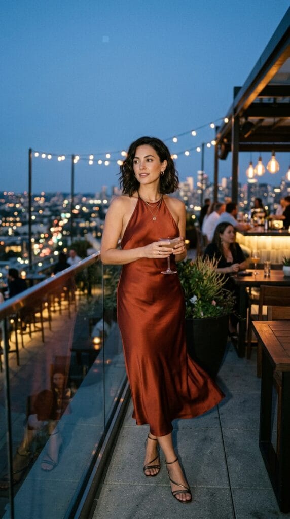 18 Summer Vacation Dresses That Pack Light & Look Amazing 8 Woman in satin finish bias cut halter midi dress on rooftop terrace at dusk