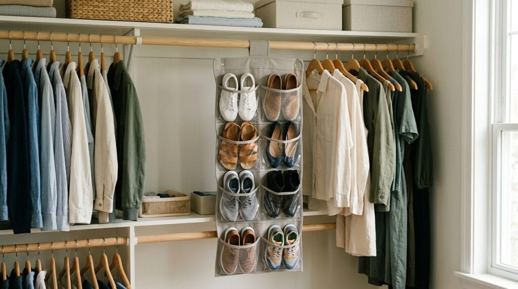 15 Shoe Storage Ideas for Small Spaces (Every Room) 8 Hanging fabric closet shoe organizer filled with shoes at closet rod height