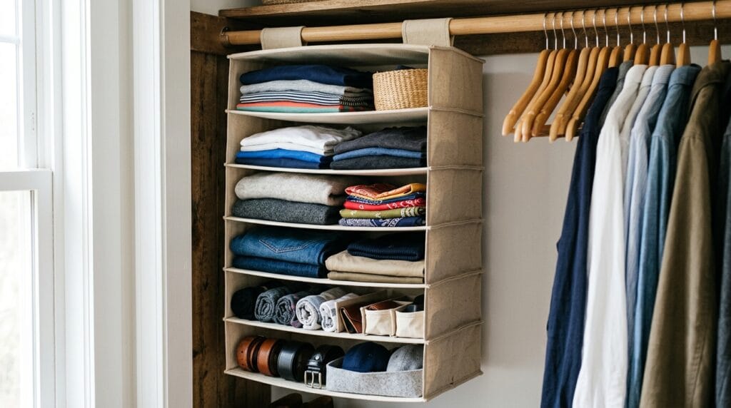 How to Organize a Small Closet With Lots of Clothes 7 Hanging fabric shelf organizer on a closet rod with folded t-shirts and accessories