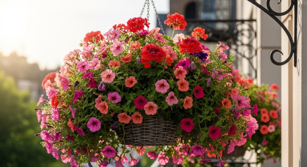 Small balcony decor ideas: make a tiny outdoor space beautiful 2 Hanging flower basket with trailing blooms on a small outdoor balcony.