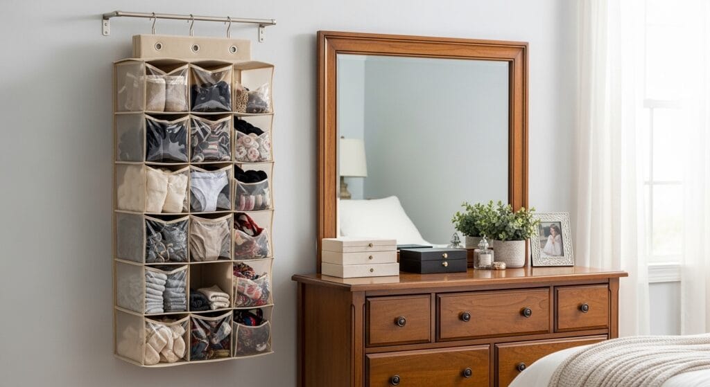 Hanging fabric organizer with pockets mounted on wall beside bedroom dresser.