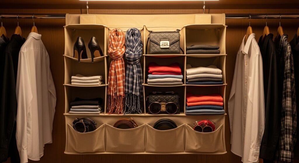 Bedroom Organization Ideas: From Dresser to Closet 5 Hanging closet organizer with multiple fabric pockets holding accessories, shoes, and folded items.