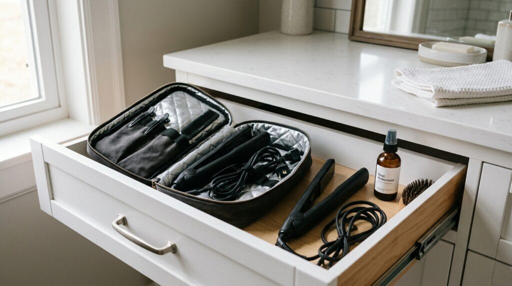Best Hair Tool Storage Ideas for Your Bathroom (Wall + Drawer) 5 Heat-resistant tool pouch open inside a bathroom drawer beside a warm flat iron.