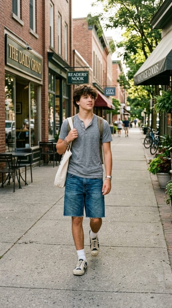 11 Teen Boy Summer Outfits That Are Cool, Casual, and Easy to Wear 6 Teen boy wearing henley tee with relaxed denim shorts in a casual summer outdoor setting.