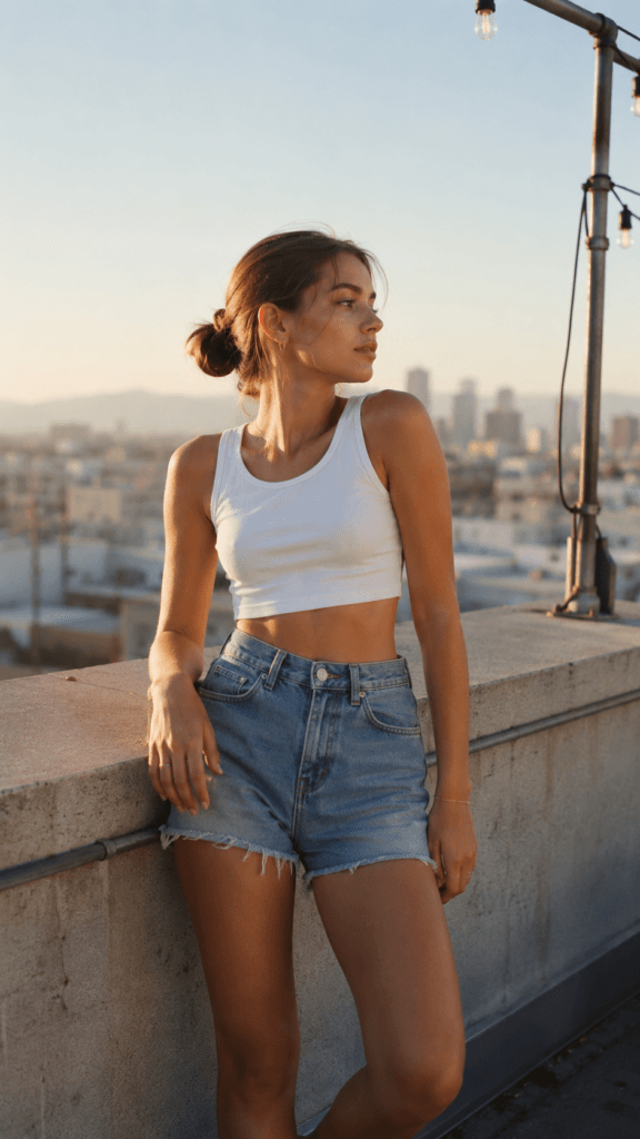 Teen girl wearing high-waisted denim shorts and white cropped tank on sun-lit rooftop