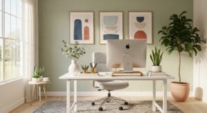 Bright styled home office with plants, wall art, and decorative desk accessories.