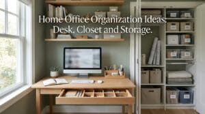 Organized home office featuring desk organizers, closet shelving, labeled bins, and wall-mounted storage units.