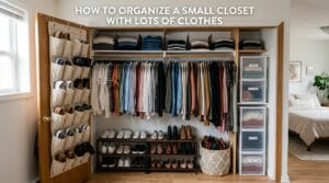 Neatly organized small closet with hanging rods, bins, shelf dividers, and shoe rack