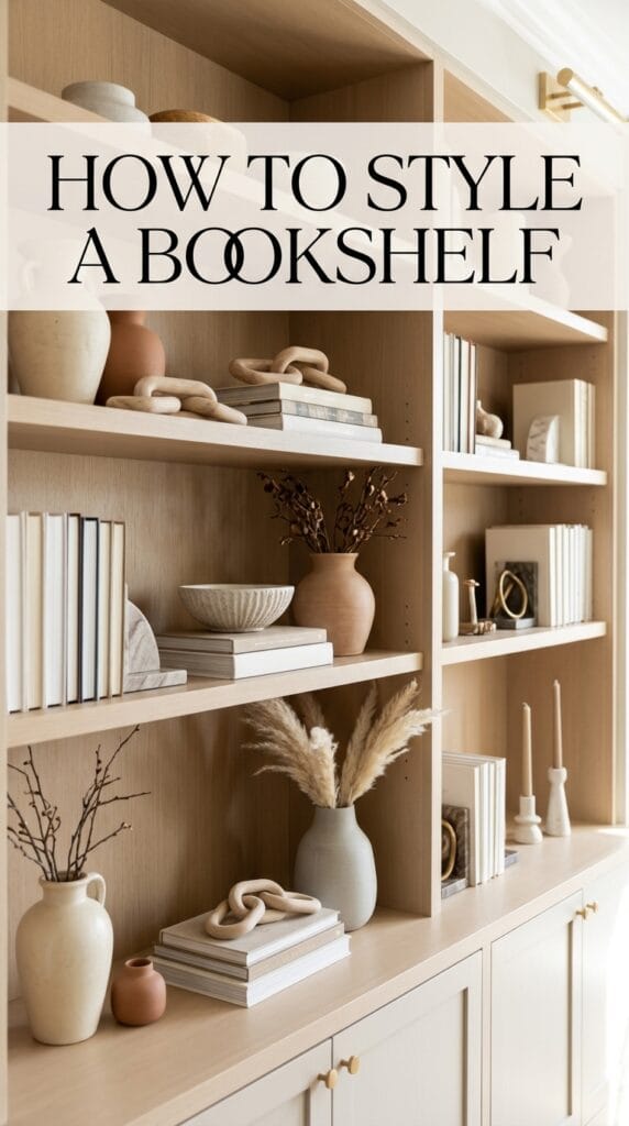 How to Style a Bookshelf: Step-by-Step with Online Finds 2 Modern bookshelf styled with decorative objects, books, vases, and sculptural accents arranged in a balanced designer-inspired display.