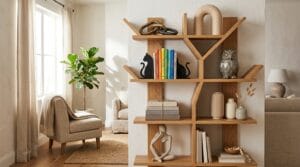 Styled wooden bookshelf with sculptural objects, vases, bookends, and books arranged together.